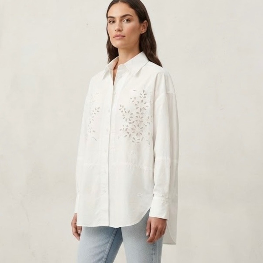 ROSEANNA Paris White Cotton Eyelet Embroidered Button Down Shirt Blouse 38 US M